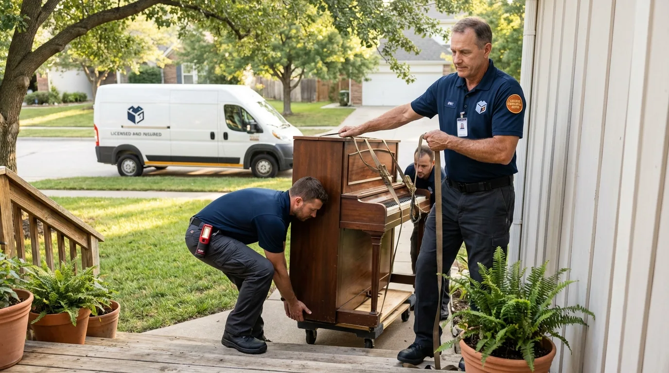Licensed piano movers securing grand piano in Lacombe, LA